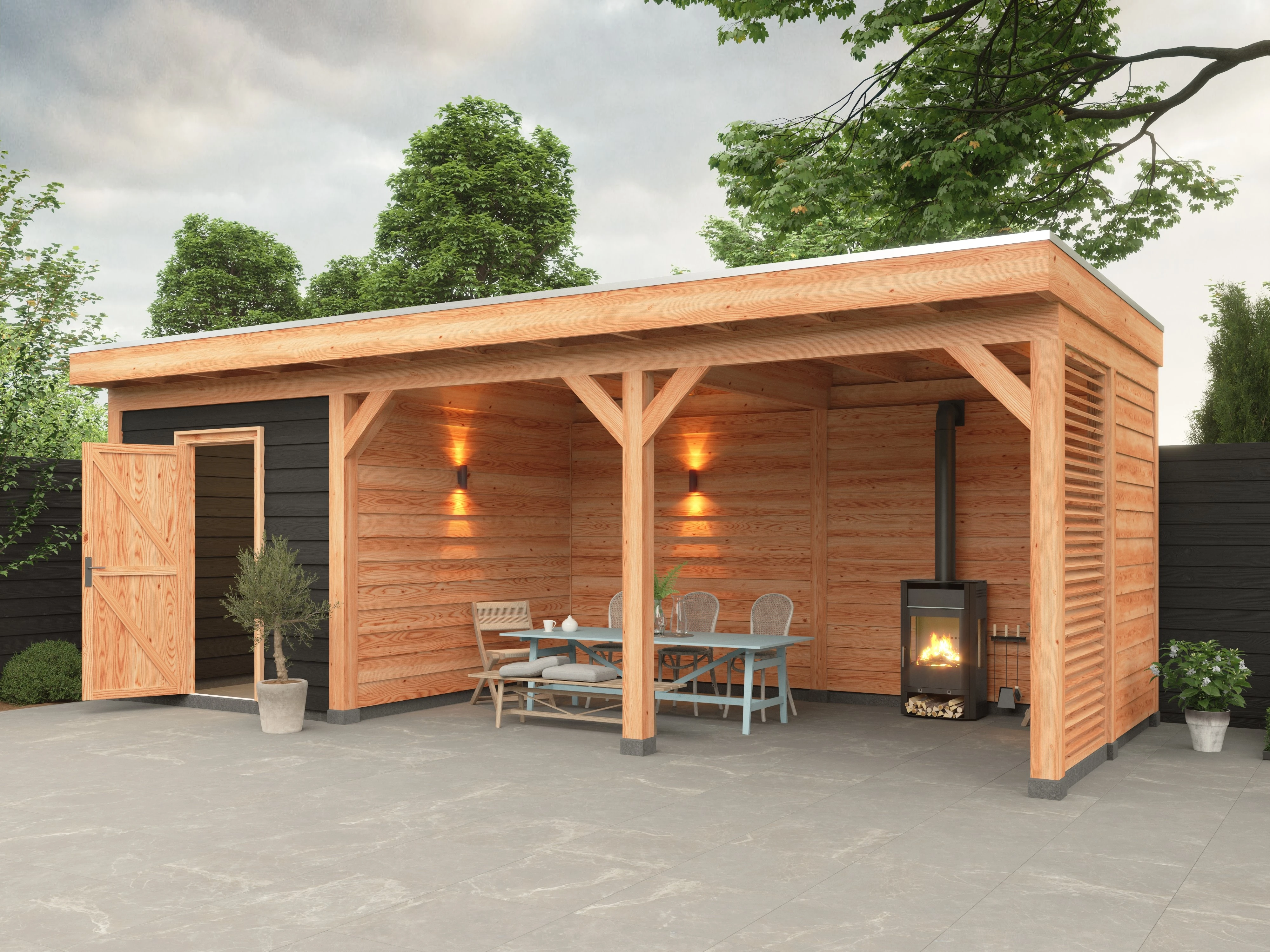 Douglas overkapping, 750 x 300, met schuur en achterwand, Westwood Comfort Green - Afbeelding 2